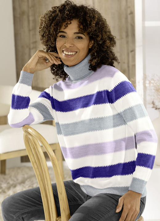 Langarm - Pullover mit Schurwolle, in Größe 036 bis 052, in Farbe NATUR-LILA-MULTICOLOR Ansicht 1