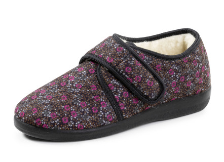 Klettschuh-Hauschuh aus floral bedrucktem Textilmaterial