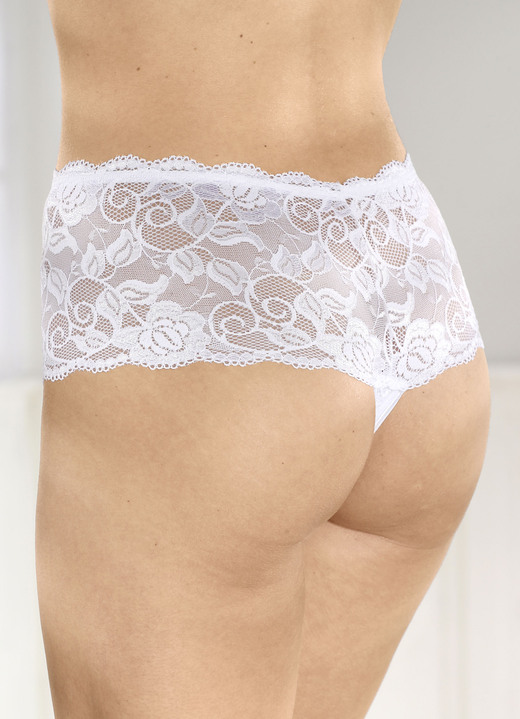 Dessous - Dreierpack String-Pants aus elastischer Spitze, in Größe 036 bis 050, in Farbe WEISS Ansicht 1